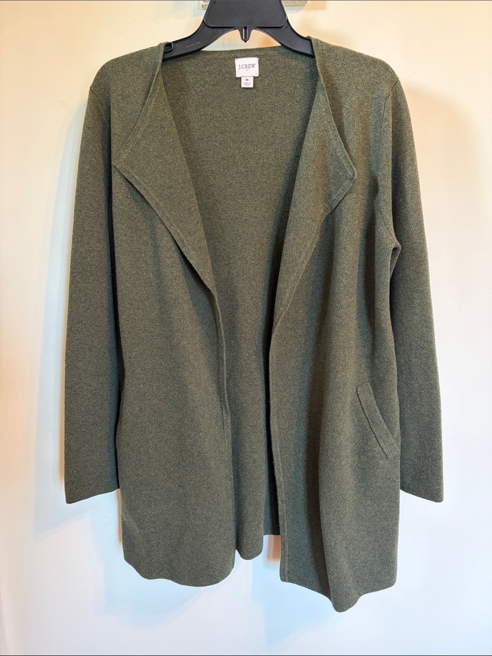 J.Crew Open Front Cardigan Sweater M Olive Green 100% Cotton Longline